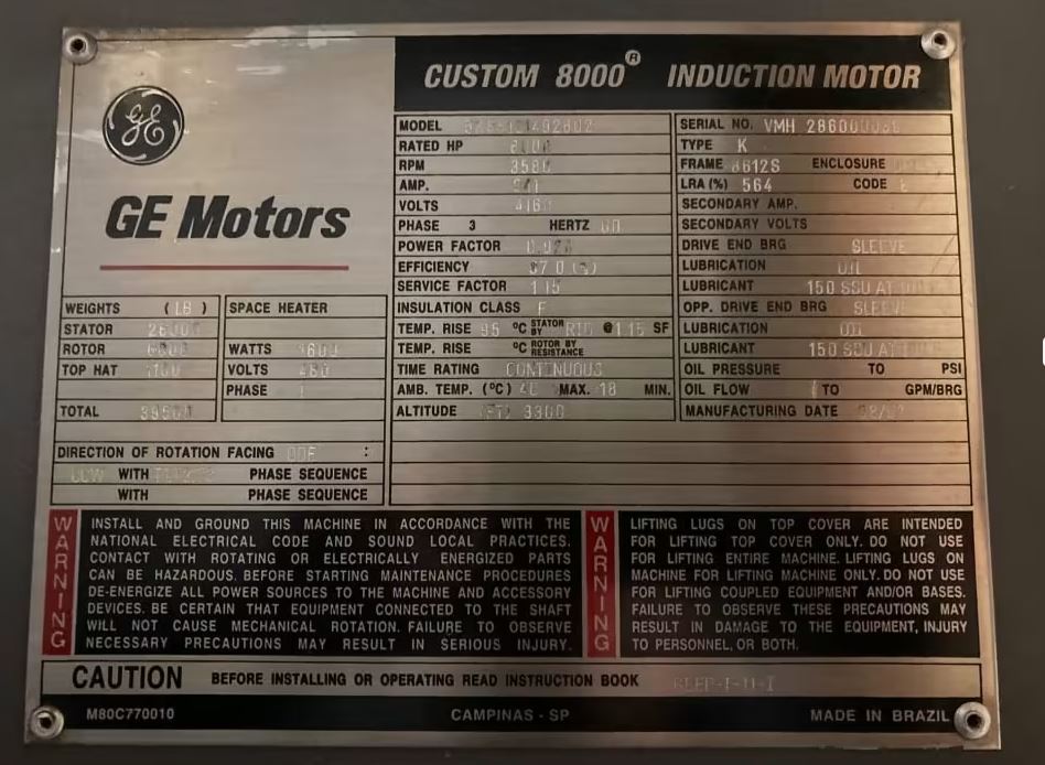 8000HP, 3580 RPM, 4160 Volts AC GE Induction Motor  CCW rotation
