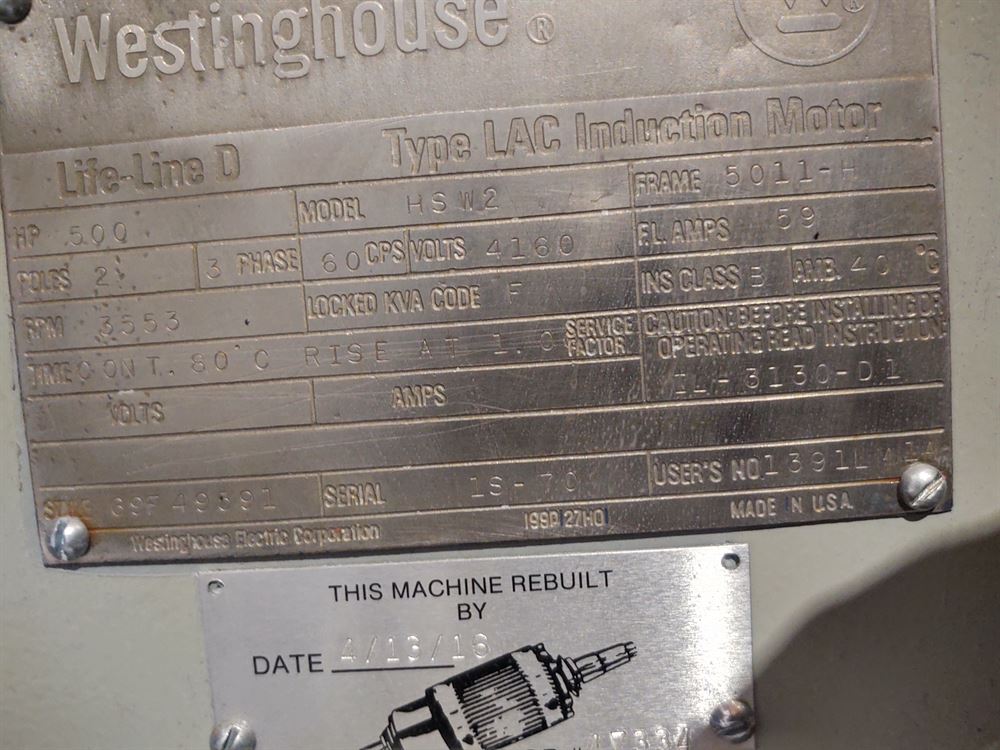 500HP, 3553 RPM, 4160V, West, 5011H, HSW2 Electric Motor