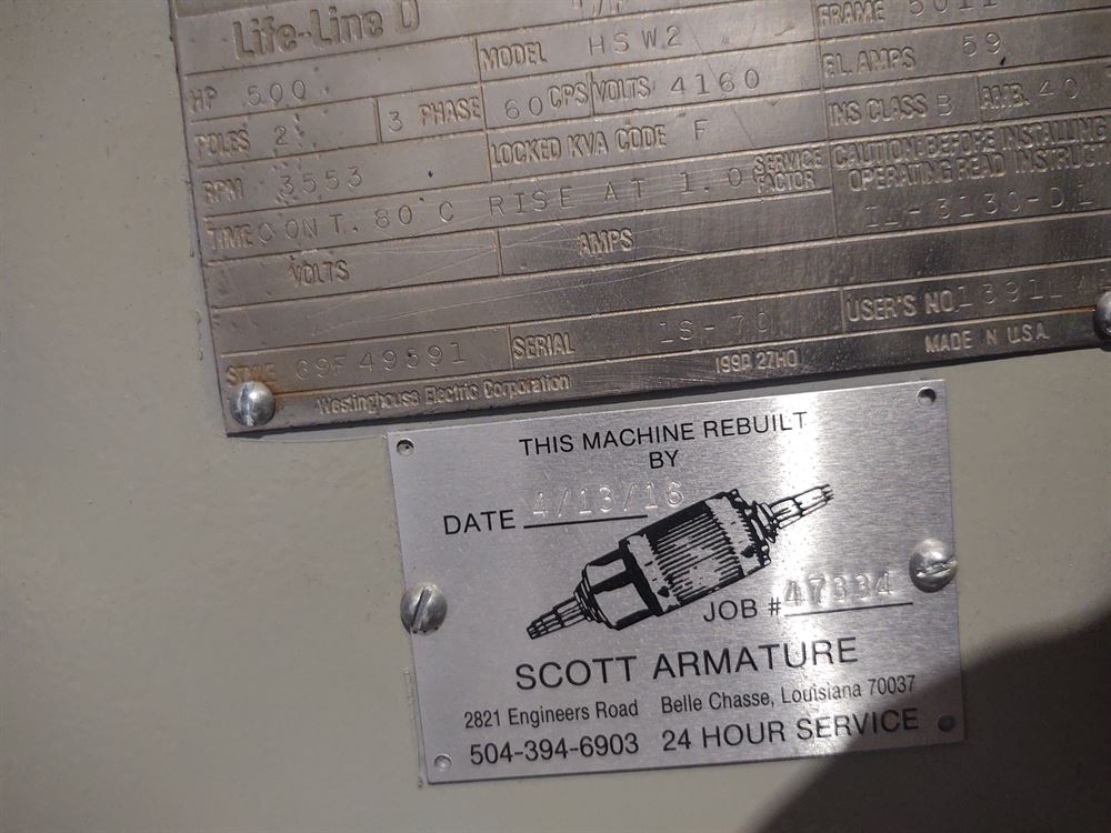 500HP, 3553 RPM, 4160V, West, 5011H, HSW2 Electric Motor