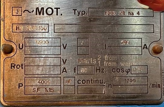 4000HP, 1790 RPM, 6900V ABB Continuous Duty Motor  (used)